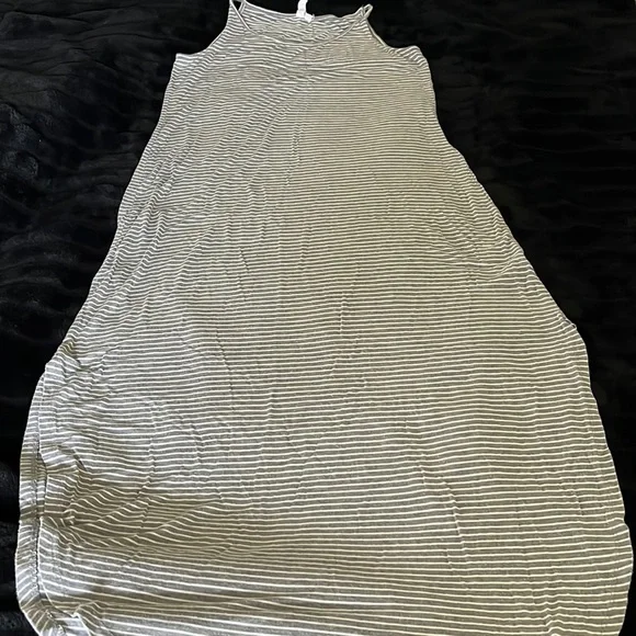 Cable & Gauge | Dresses | Grey Striped Tank Dress S Deep Slit Scoop Hem  Slinky Buttery Soft Stretch Maxi | Poshmark